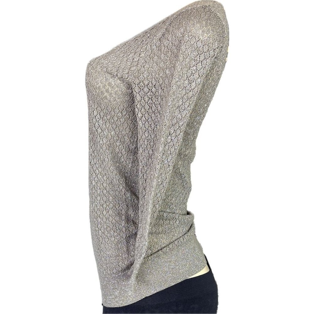The Limited XS Gray Metallic V-Neck Open Weave Ribbed Trim 3/4 Sleeve Sweater - Picture 5 of 6